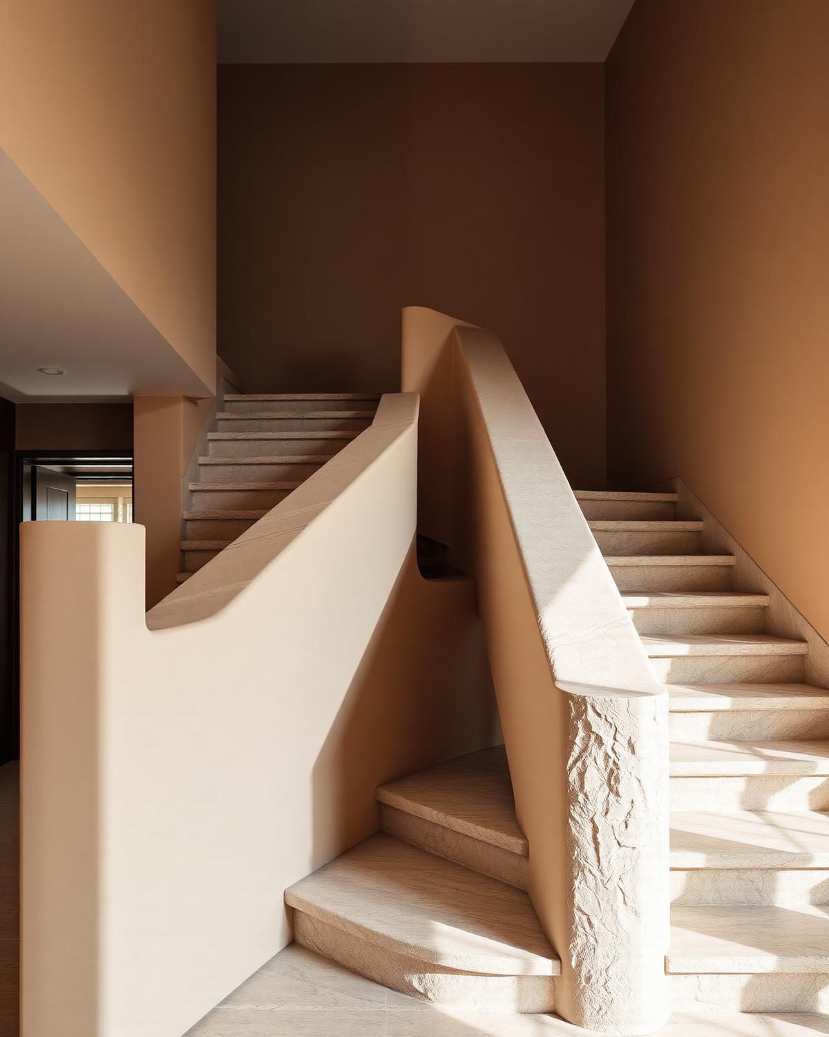 Sculptural staircase in warm plaster